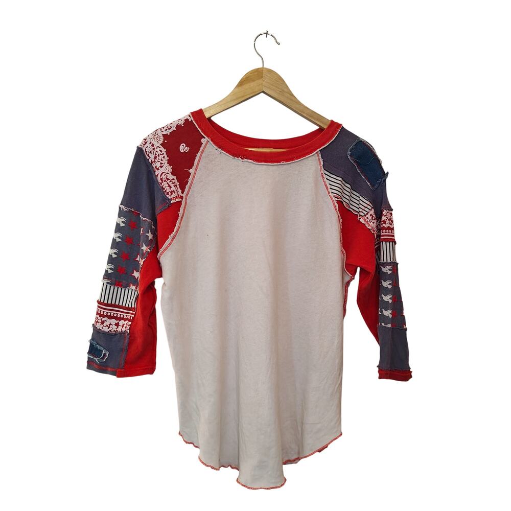 Free People We The Free Patchwork Raglan Tee Red Blue Size M - Picture 3 of 5
